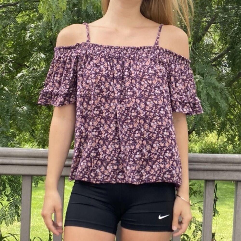 American Eagle Off the Shoulder Floral Blouse Sz L Boho Cottagecore Whimsigoth